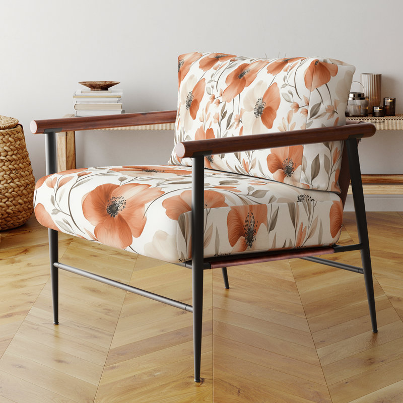Chaise rembourrée Boho - Fauteuil rouge Terra Bloom, Bras ronds bruns