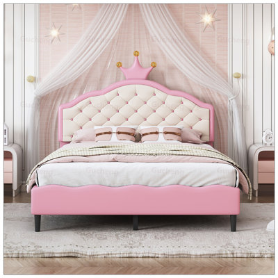 Lit Princess capitonné en PU avec tête de lit en forme de couronne, structure robuste et revêtement doux pour un sommeil élégant et confortable