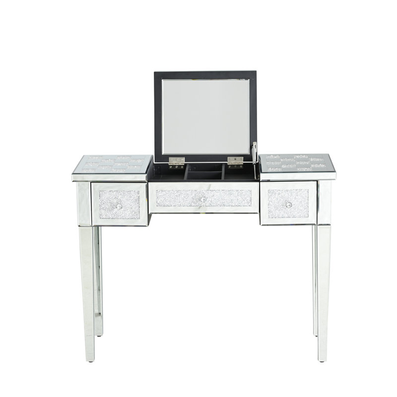 Bureau de coiffeuse en miroir avec incrustation de diamant concassé, coiffeuse argentée avec miroir rabattable, console en verre pour chambre à coucher, vestibule, vestiaire, argent