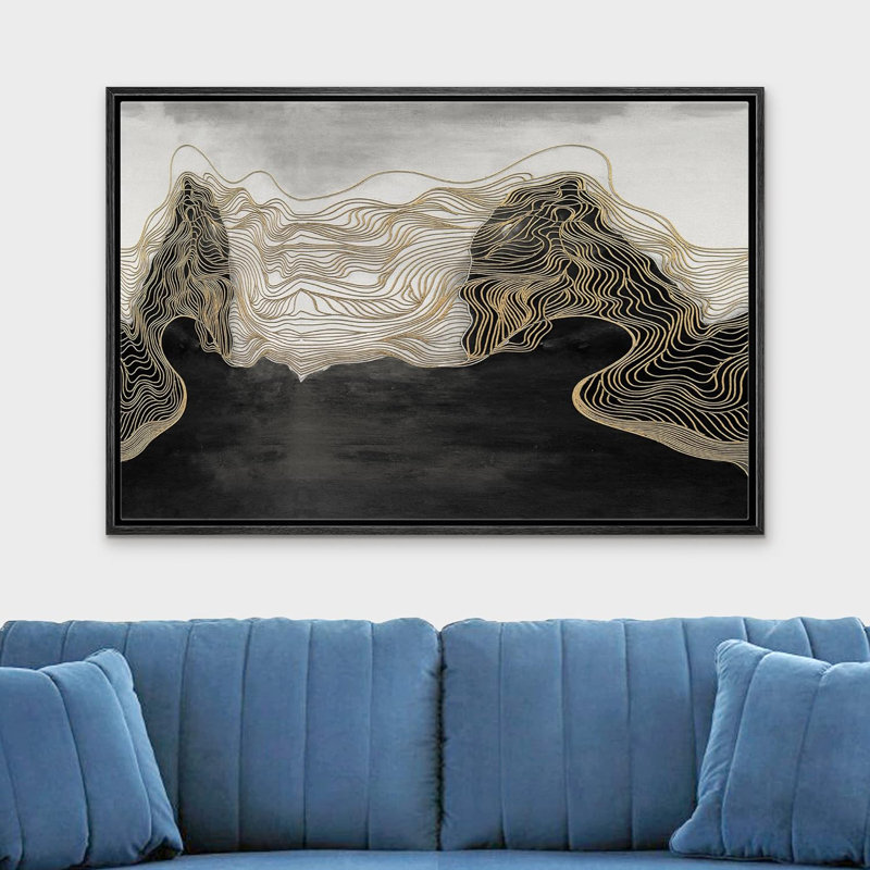 Paysage abstrait montagne dorée sur toile, Cadre flottant noir, H 24 po x l 36 po x P 1,5 po
