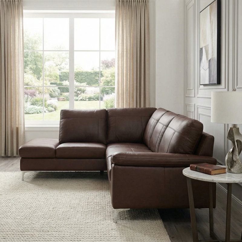 Contemporary Dallas Genuine Leather Sectional Sofa with Left Side Facing Chaise Lounge, Brown 80"x98", Left Hand Facing