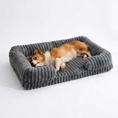 Lit orthopédique pour chien en mousse à mémoire de forme en forme d'œuf, grand traversin rectangulaire et housse amovible en coton à rayures lavables - fond antidérapant - gris - 105 x 65 x 20 cm