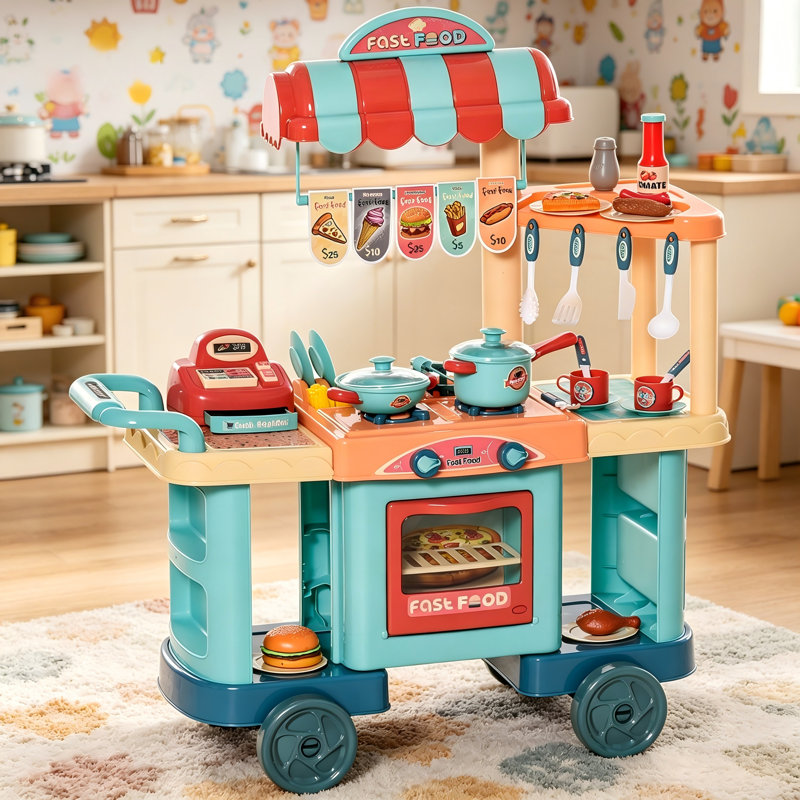 Kids Kitchen Food Stand with Play Food, Cash Register & Accessories – Pretend Play Set for Ages 3-6