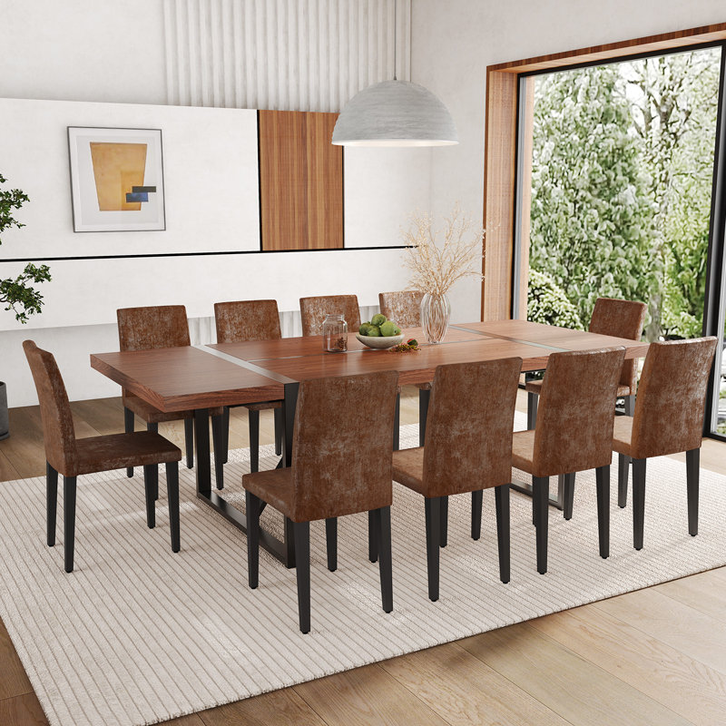 Ensemble de table de salle à manger en bois 87 po avec chaise rembourrée en cuir PU, 11 pièces: table, 10 chaises, Noyer