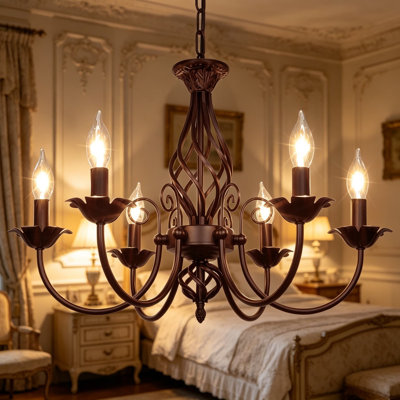 Lustre style chandelier 6 lumières Farmhouse, plafonnier suspendu industriel rustique, lampe suspendue rétro pour le salon, la salle à manger, la cuisine, la chambre, le couloir, la douille E12, hauteur réglable, brun huilé