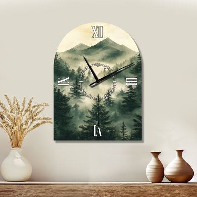 Forêt de lumière du matin déclinante I - Horloge murale scandinave silencieuse à arc vert