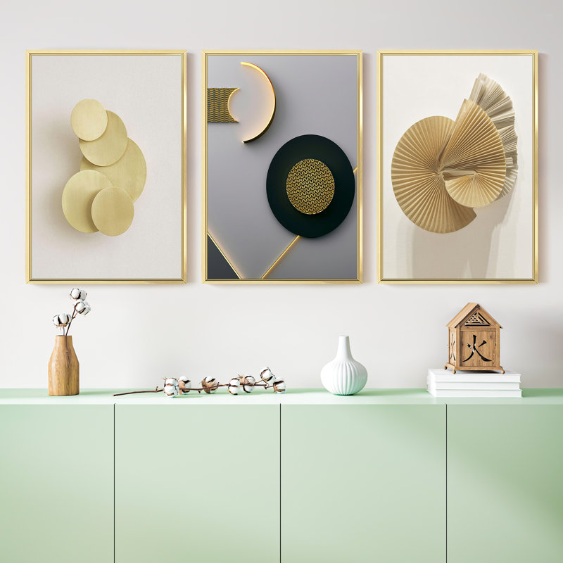 Abstrait moderne - ensemble de 3 reproductions de photos sur toile, H 16 po x l 36 po x P 1,5 po, Or