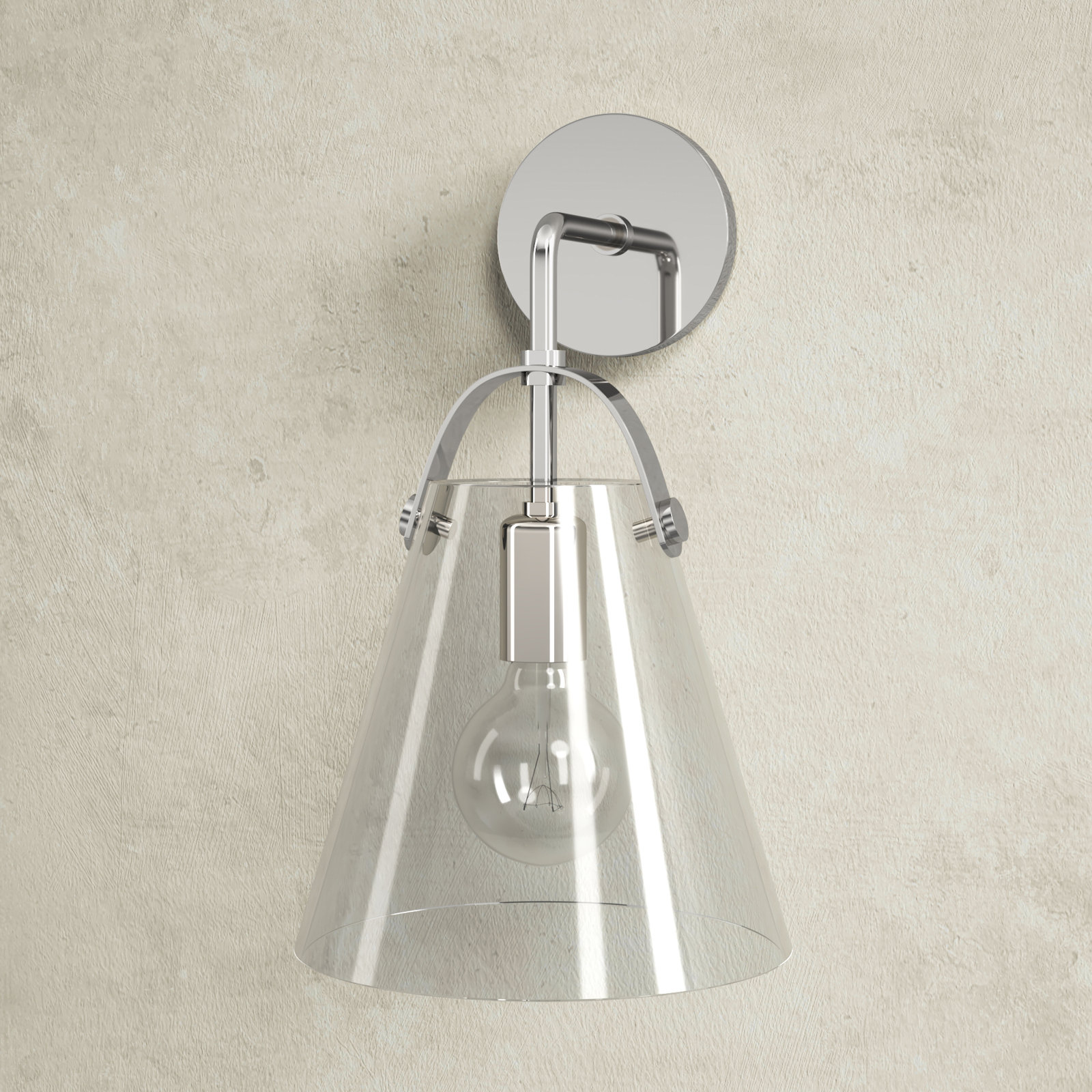 Single Light Glass Dimmable Armed Sconce, Polished Nickel