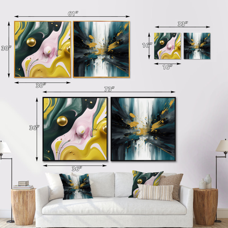Ensemble de 2 collages carrés en marbre jaune et vert, H 16 po x l 33 po, Toile tendue