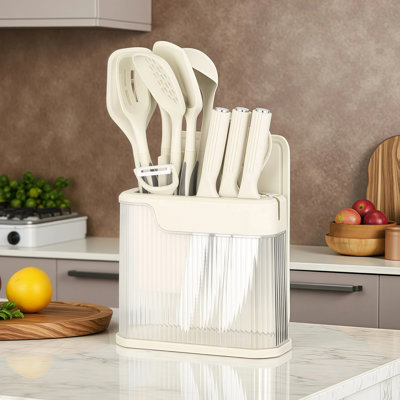Modern 17-Piece Kitchen Knife & Utensil Set with Clear Storage Block & Cutting Board