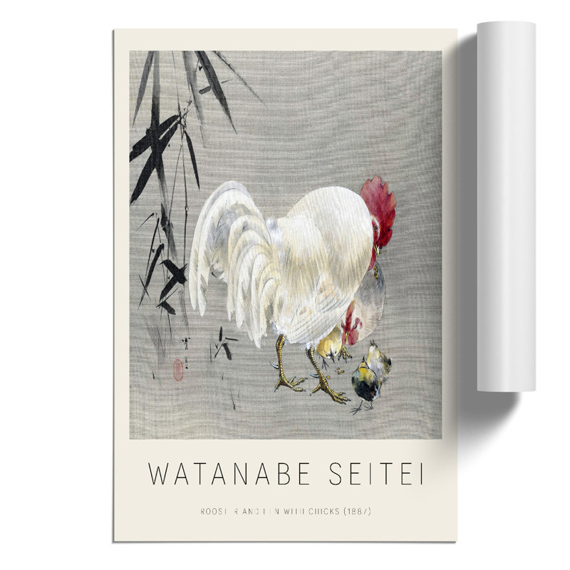 Rooster & Hen with Chicks Print by Watanabe Seitei - Frameless Print, 59cm H x 42cm W x 0.1cm D