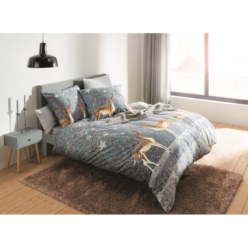 Feinbieber Aspen Cotton No Pattern Duvet Cover Set with Pillowcases Included, 155 x 200cm Duvet Cover + 1 Pillowcase, Grey