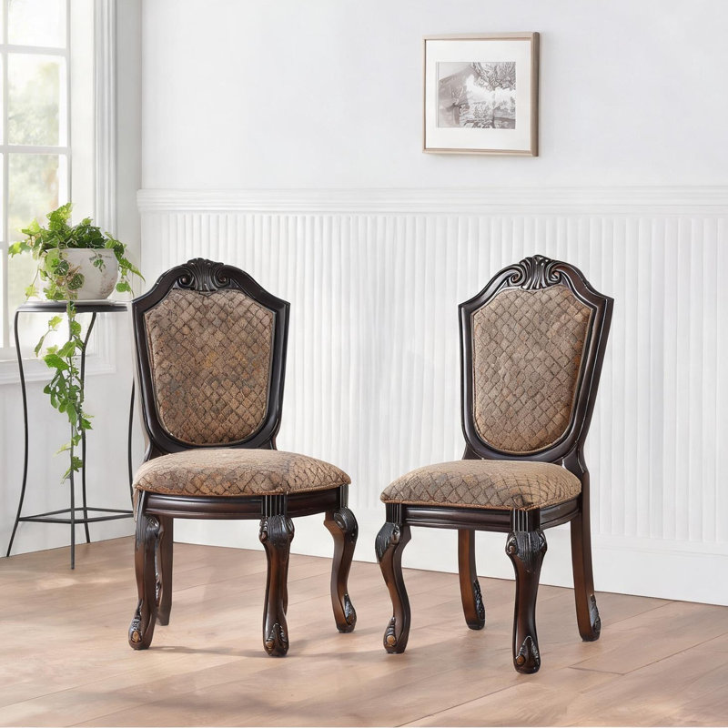 Ensemble de 2 chaises d'appoint pour salle à manger, finition brune, sièges rembourrés en tissu, pieds Queen Anne