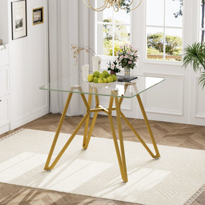 Table de salle à manger carrée en verre trempé pour petits espaces - Base en métal robuste, design minimaliste moderne