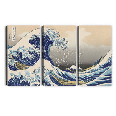 «The Great Wave Off Kanagawa» par Hokusai, art mural historique à 3 panneaux pour décorations de bureau à domicile, estampe numérique sur toile 30 x 16 po x 3 pièces (30 x 48 po)