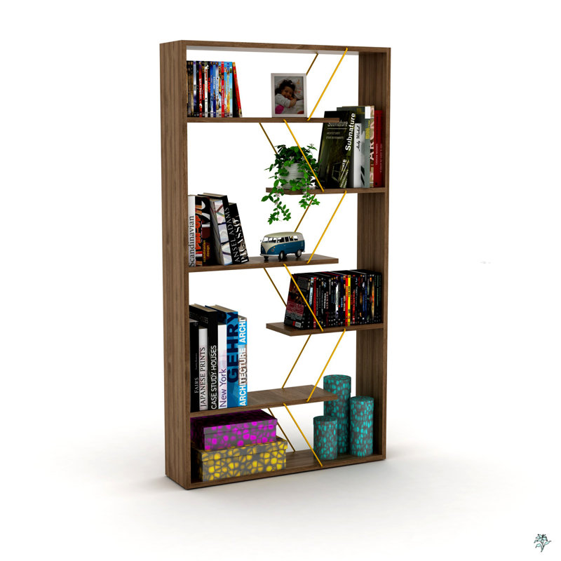 Wood Frame Etagere Open Back 6 Shelves Bookcase Industrial Bookshelf, Brown/Gold