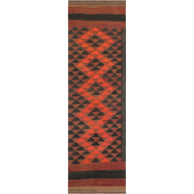 Tapis rouge / noir en laine noué à la main à motif géométrique 3 pi 5 po x 10 pi 1 po Bahadir