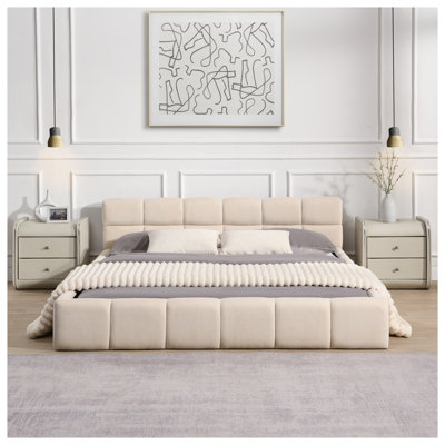 Grand lit plateforme tapissier moderne avec tête de lit en chenille damier, structure de lit beige