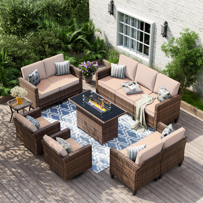 Kisner 9 - Person Outdoor Wicker Patio Conversation Set With Fire Pit And Side Table, Beige