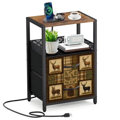 Table de chevet 2 tiroirs en tissu avec station de charge
