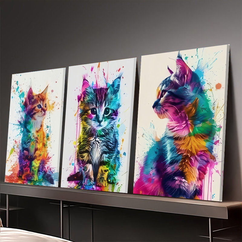 3 pièces d'art mural encadré, chaton coloré, ensemble de 3 peintures à l'aquarelle sur toile, chat éclatant et éclaboussures