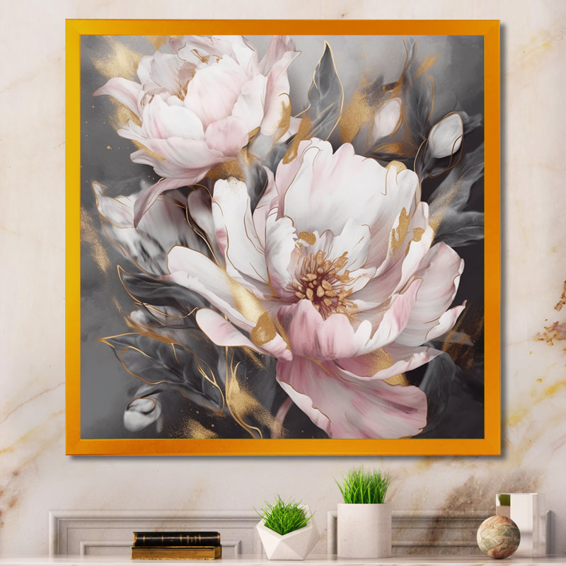 Pink Grey Peonies Elegance II - Print, Picture Framed, 16" H x 16" W, Gold