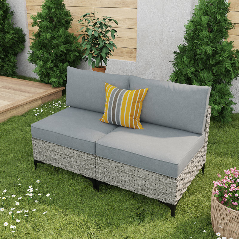 Ensemble de conversation en osier / rotin pour 2 personnes avec coussins Emroy, Gris