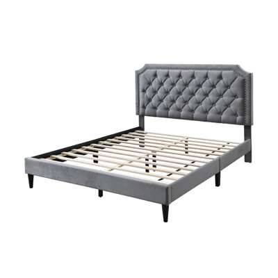 Lit plateforme à bord clouté Ava - velours gris anthracite