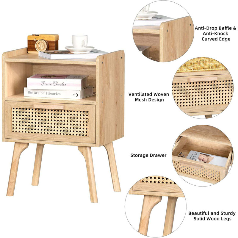 Cane Accent Bedside End Table With Solid Wood Legs For Bedroom, Dorm And Small Spaces