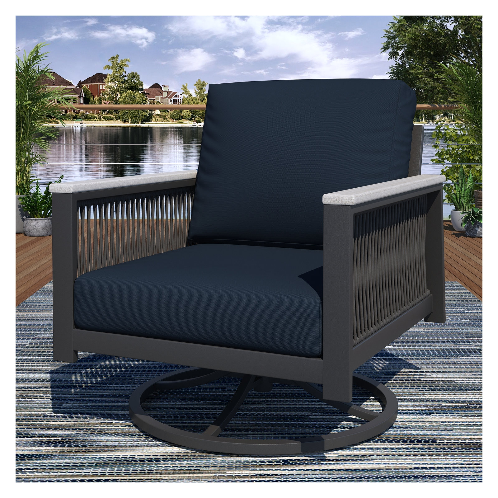Townsend Outdoor Townsend Swivel Rocker Metal Chair with Sunbrella® Cushion, Canvas Navy Sunbrella® Canvas