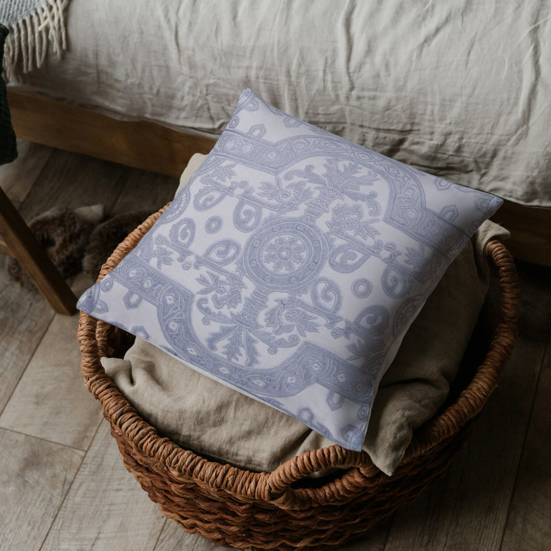 White Linen Square Pillow with Velvet Applique Embroidery