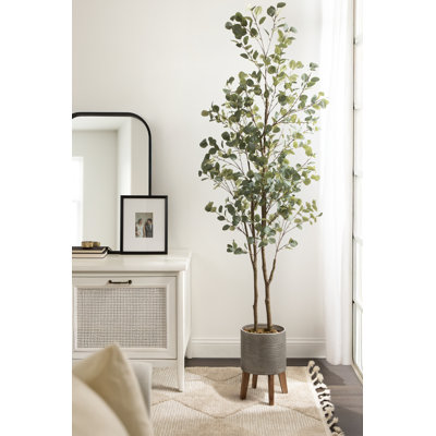 Faux eucalyptus Eudora avec pot à fleurs en bois et métal Gavri