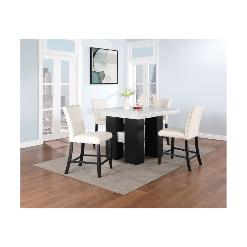Table de bar blanche, plateau en faux marbre, fabrication en bois d'hévéa, base à double piédestal noir et connecteur argenté, 48 x 48 x 36, construction de 198 lb