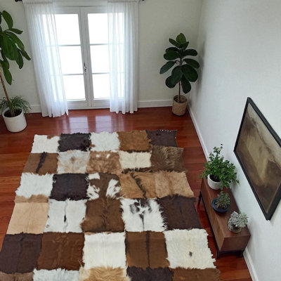 Natural Brown Patchwork Goatskin Rug, Handmade Rectangle Goat Fur Area Carpet, Soft Custom Size Living Room Decor Rug_8.83 X 12 Ft