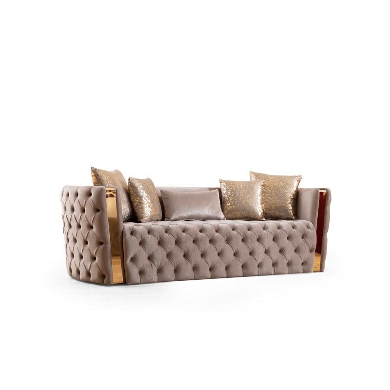 Canapé capitonné à boutons avec tissu velours et accents dorés, Taupe