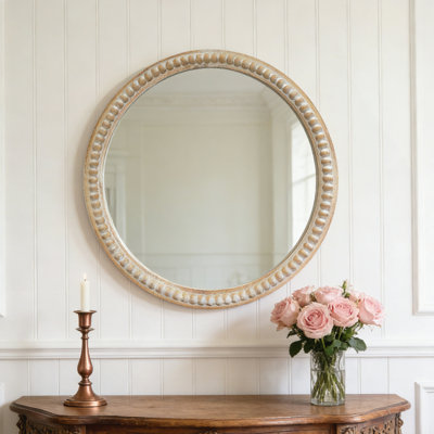 Miroir mural rond rond avec cadre perlé en bois vieilli, parfait pour les entrées et les salons, ajoute un charme et un style campagnard