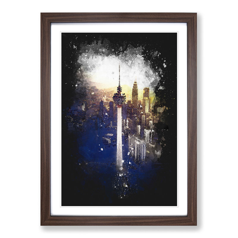 Menara Tower In Kuala Lumpur Paint Splash - Picture Frame Graphic Art, Walnut Framed, 63cm H x 45cm W x 2cm D