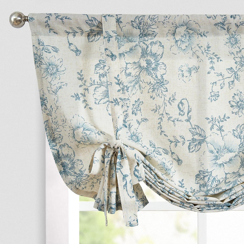 Floral Linen Tie Up Shade Valance, Blue, 42" W x 45" L