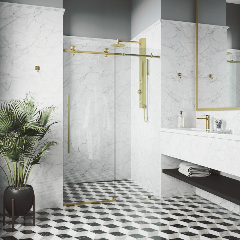 Elan E-Class 56-60" W x 76" H Sliding Frameless Shower Door with 3/8" Clear Glass, Matte Brushed Gold