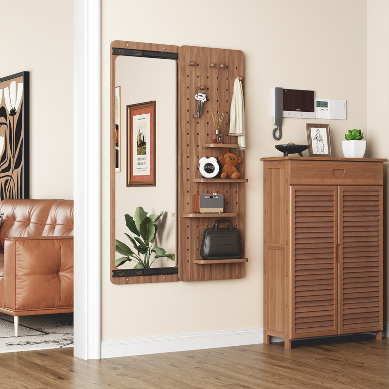Modern Wall Mounted Full Length Mirror, Full Body Mirror With Shelf, Walnut