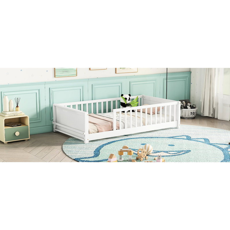 Strong White Twin Floor Bed With Book Shelving - Practical Functionality Shelf, Efficient Assembly, White