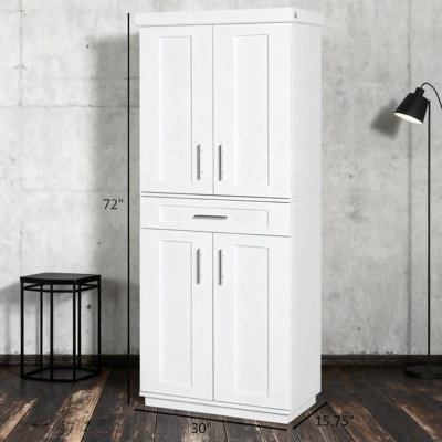 Modern Kitchen Pantry With Sufficient Space, Utility Drawer, Adjustable Shelving, - Topple, White Color, 30" W X 15.75" D 72" H, 154Lbs Capacity Cabinet Storage, Finish,