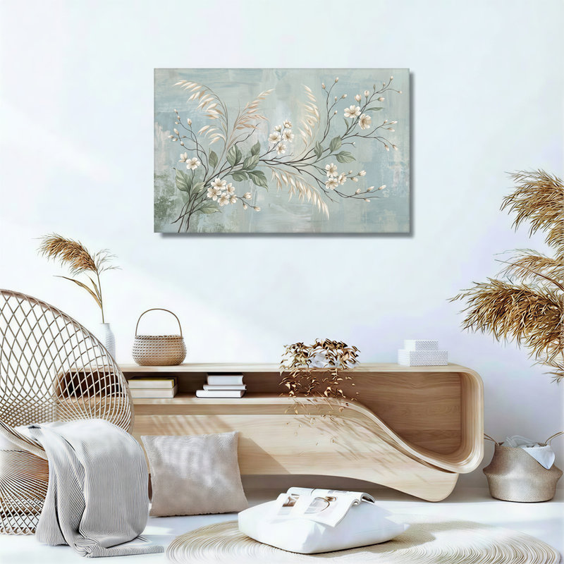 Art mural sur toile, branches de fleurs blanches et feuilles vertes sur fond bleu, H 12 po x l 18 po