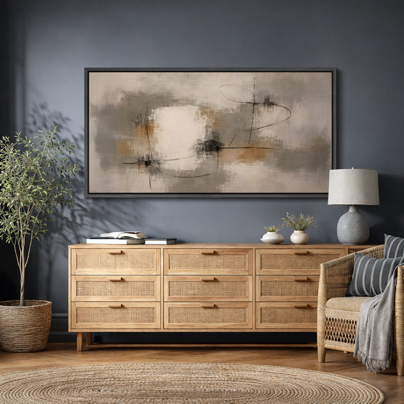 Soft Neutral Abstract Artwork with Linear Black Accents, Living Room Pictures, Framed Canvas Giclee Print Wall Art
