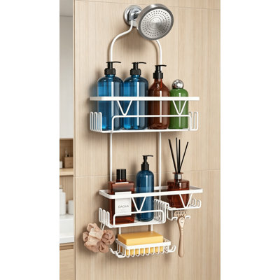 Over Shower Head Caddy, Hanging Shower Caddy 3 Tier, Anti-Swing Bathroom Organizer With Soap Dish And Hooks, White