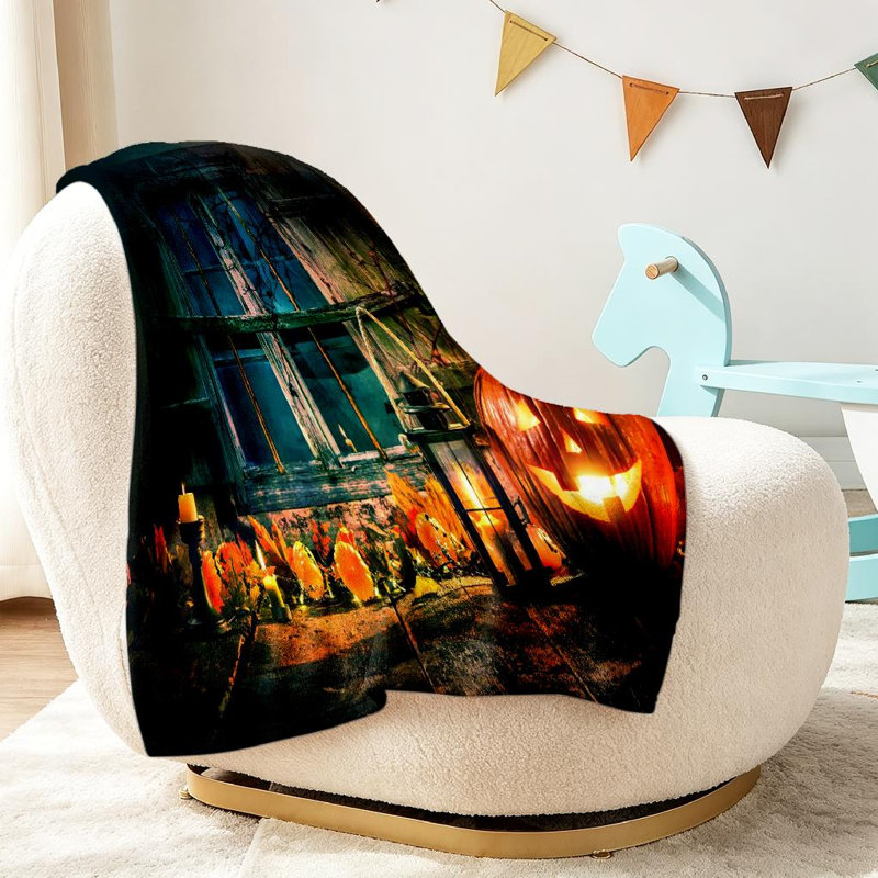 Jeté en flanelle bleue ultra douce, tête de citrouille d'Halloween, imprimé recto, Throw 30" x 40"