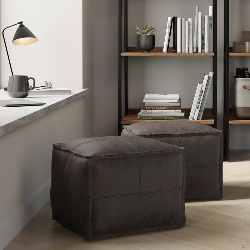 18 Inch Wide Square Pouf In Distressed Dark Brown Genuine Leather