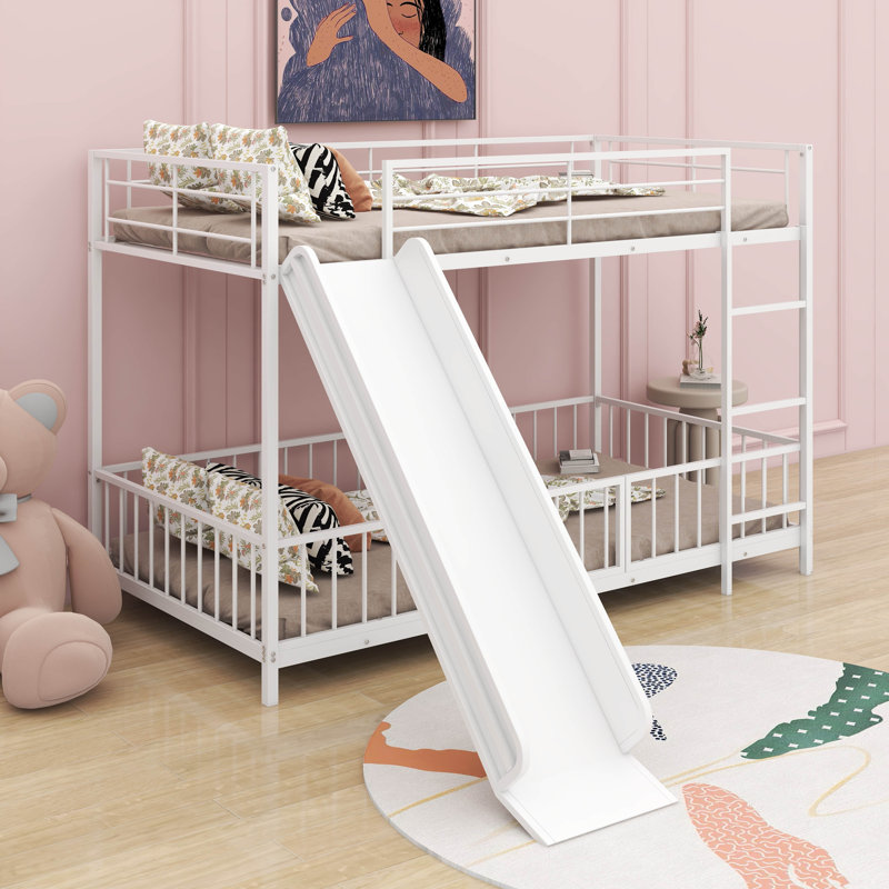 Metal Bunk Bed With Slide And Guardrails, Twin Over Twin, White