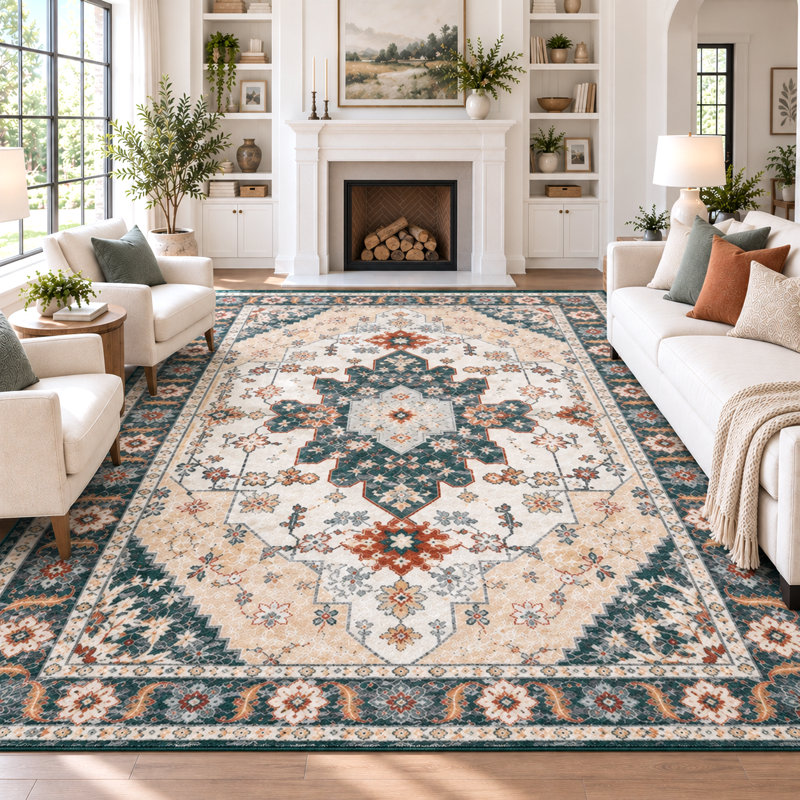 Tapis traditionnel vert foncé ivoire avec médaillon lavable à la machine, Rectangulaire 8 pi x 10 pi