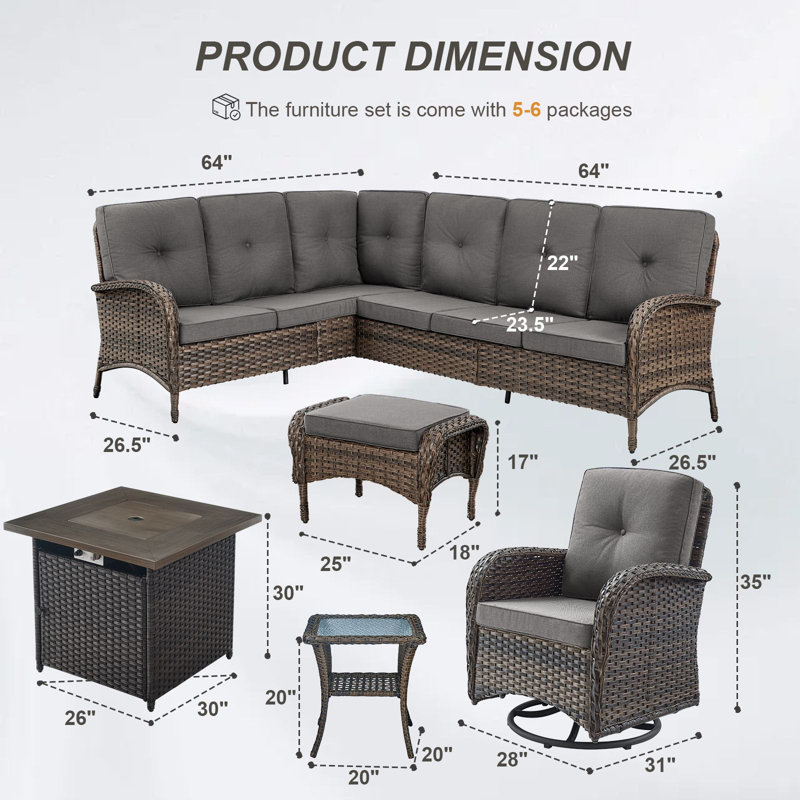  Valierius L-Shaped Outdoor Sectional Sofa Set With Fire Pit, Swivel Chairs & Ottomans, Gray